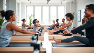 明るく魅力的なスタジオで、キーワード「ピラティス おすすめ」を表現する活気あるピラティスのレッスン風景。