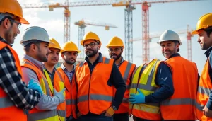Team discussing construction safety programs while using safety gear on-site.