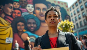 Advocate holding placard promoting Human Rights in front of a colorful mural.