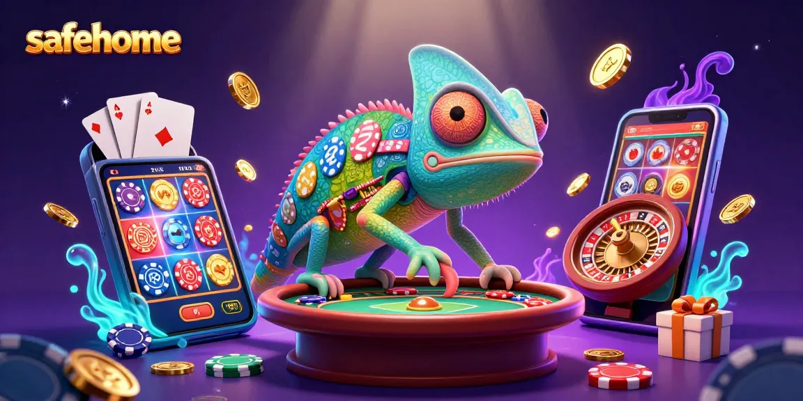 Experience thrilling gameplay with safehome's vibrant casino scene featuring a colorful chameleon owner.