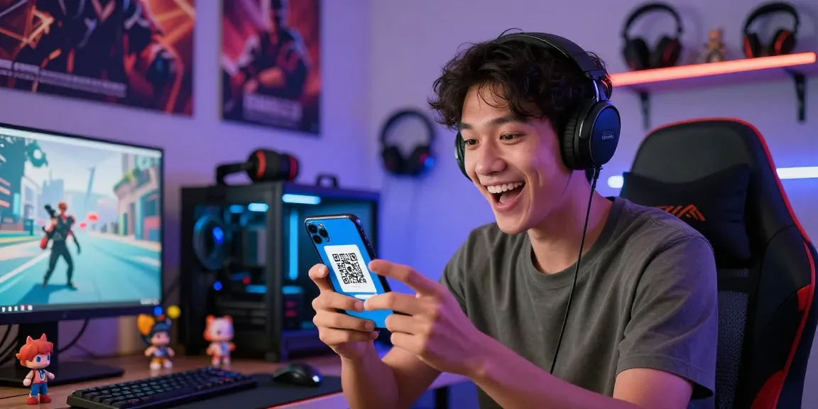 Menampilkan proses topup akun game di NAGA2000 menggunakan QRIS gratis biaya admin setiap hari, menunjukkan gamer muda dengan smartphone di lingkungan gaming yang modern.